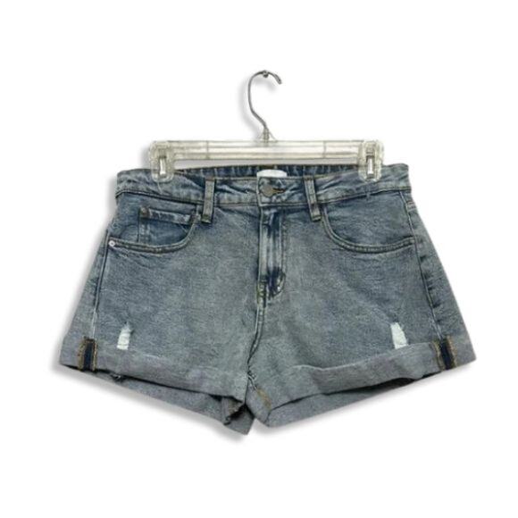 WeWoreWhat Jean Shorts Whiskered Cuffed Hem Mid-Rise Fit Distressed Blue 24 NWOT - Picture 1 of 8
